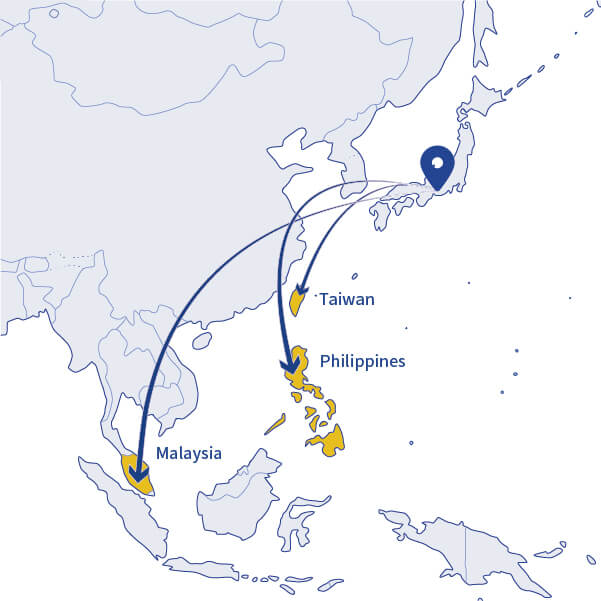 Arrows extending from Aichi Prefecture to Taiwan, northern Philippines, and western Malaysia