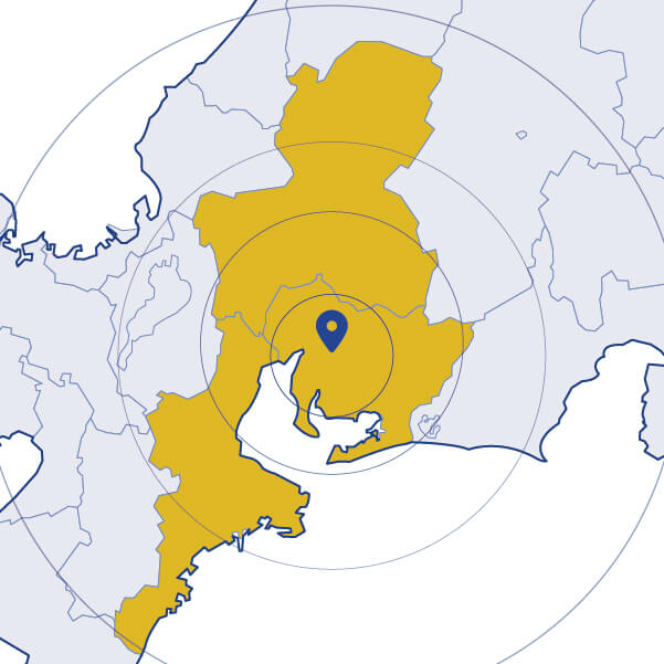 愛知県を中心に、岐阜県・三重県を含む東海3県の人材活用対応地域を示す地図。中心にピンが刺さっており、対応エリアが黄色で塗られている。